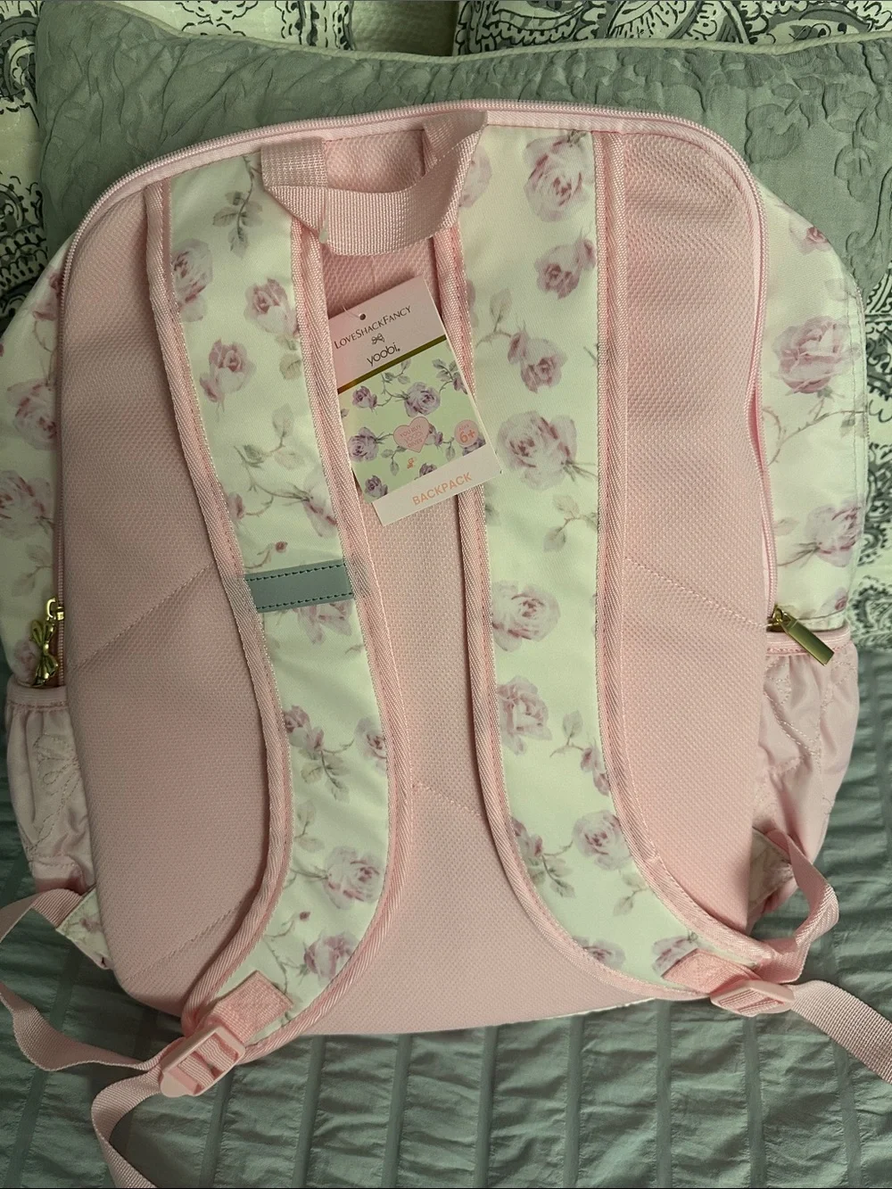 LoveShackFancy Pink Floral Quilted Backpack with Bow Charm